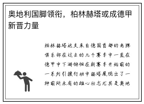 奥地利国脚领衔，柏林赫塔或成德甲新晋力量